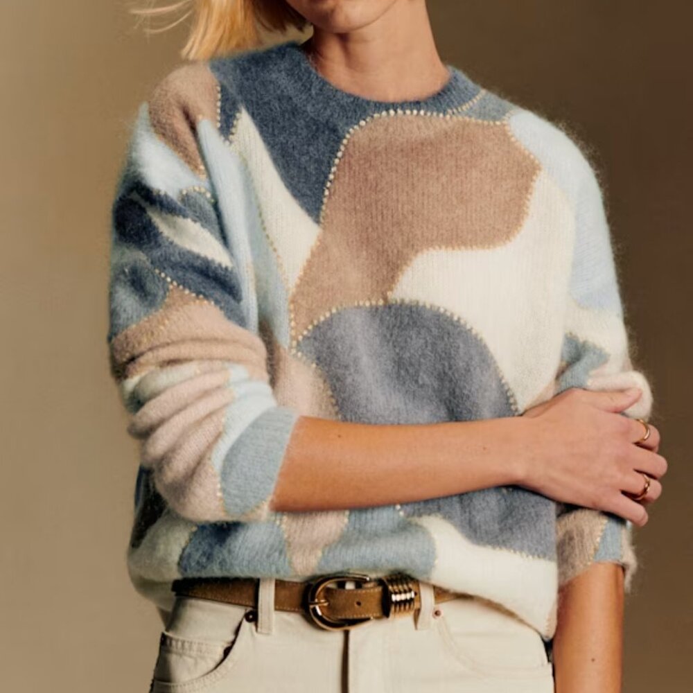 Sézane NWT Hollie Jumper in Blue/Camel Foliage Print Size S